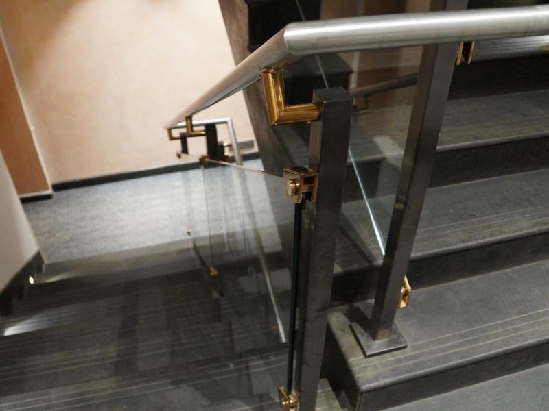 PVD Black Stainless Steel Balustrade with  PVD Rose Gold components and glass upholds And Plain Handrail designer railing